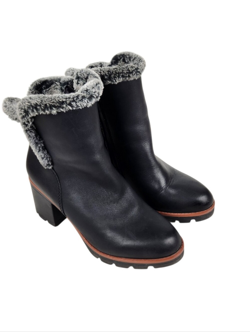 Naturalizer Valene Black Ankle Boot with Gray Faux Fur Trim Womens Size 7.5 Wide